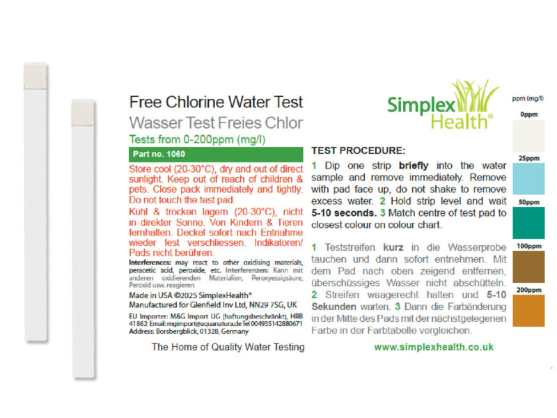 Free Chlorine Water Test 0-200ppm (100 Strips)