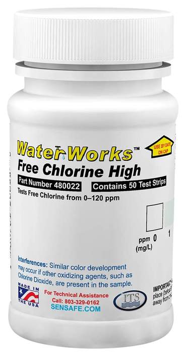 Waterworks Free Chlorine High Range 0-120ppm (50 strips)